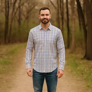 IZOD Men M Algodon Cotton Blue Plaid Long Sleeve Button Down Golf Casual Shirt‎